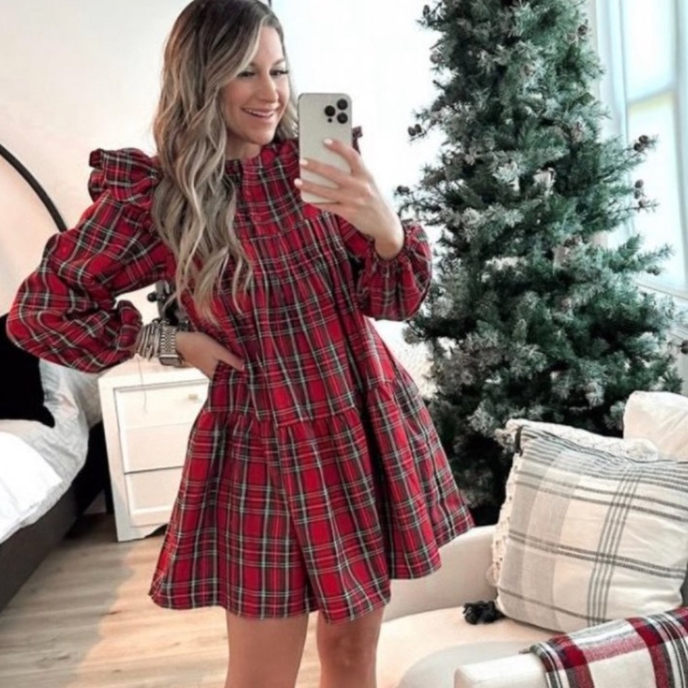 NEW Aura Designer Boutique Tartan Plaid Long Sleeve Mini Dress - Small